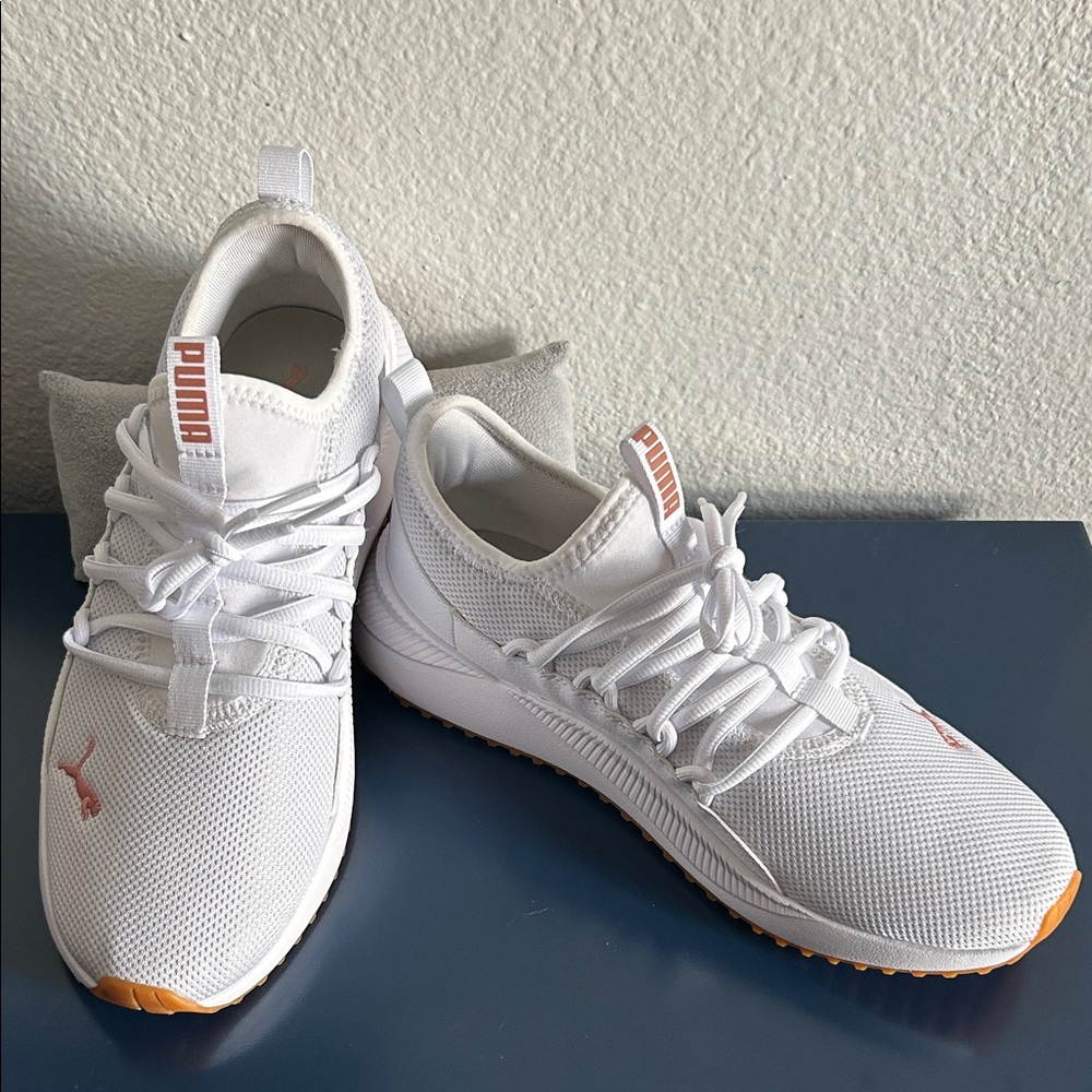 Puma Women’s White and Rose Gold Web Knit Soft Foam Slip On Sneakers